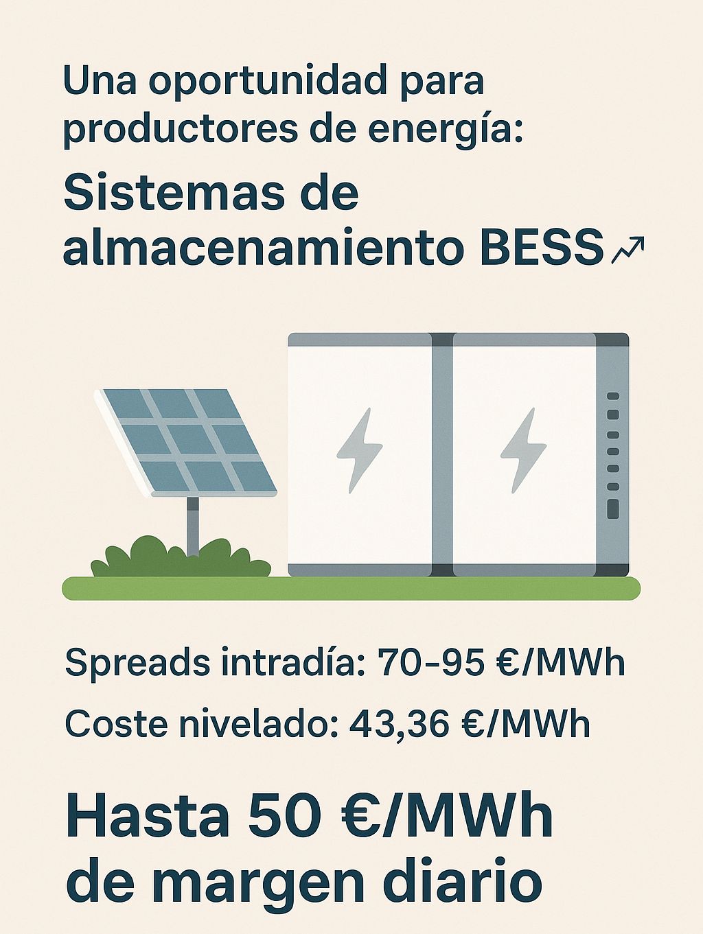 Infografía sobre oportunidad para productores de energía con sistemas de almacenamiento BESS, spreads intradía y margen diario