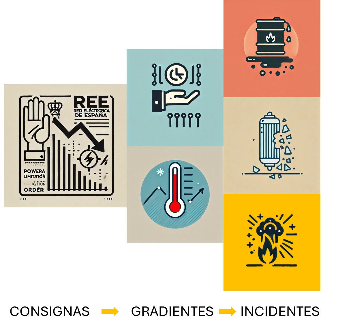 Composición visual que relaciona consignas de limitación, gradientes de temperatura y presión e incidentes operativos en plantas termosolares CSP